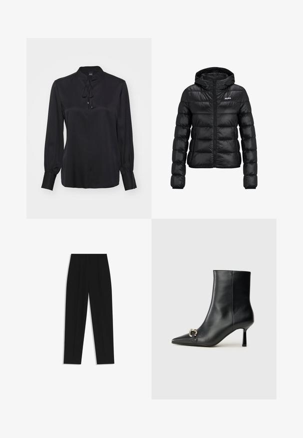 Giacca imbottita nera con chiusura a zip e cappuccio. Caratterizzata da un design trapuntato e dal logo "HUGO" sul petto. Realizzata in materiale lucido.; Blusa nera a maniche lunghe in tessuto morbido, con colletto alto, dettaglio a fiocco al collo e polsini aderenti. Design minimalista.; Pantaloni neri a taglio dritto, con doppie pieghe, una texture liscia e un design classico in vita. Nessun hardware o dettaglio visibile.; Stivale alla caviglia in pelle nera con punta affusolata, tacco sottile di media altezza e dettaglio in fibbia argentata sul lato, su sfondo semplice.