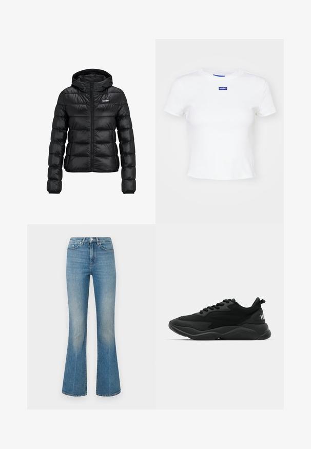 Jachetă neagră căptușită cu fermoar și glugă. Prezentând un design matlasat și logo-ul "HUGO" pe piept. Fabricată din material lucios.; Cămașă albă din bumbac cu mâneci scurte, decolteu rotund și un patch rectangular albastru cu inscripția "HUGO" în centrul frontal.; Blugi evazați de culoare albastru deschis, confecționați din denim. Prezintă un talie cu un nasture și un aspect decolorat, îngustându-se către un tiv larg la glezne.; Adidași sport negri cu un superior texturat, sistem de închidere cu șireturi, talpă căptușită și un accent de brand pe toc.
