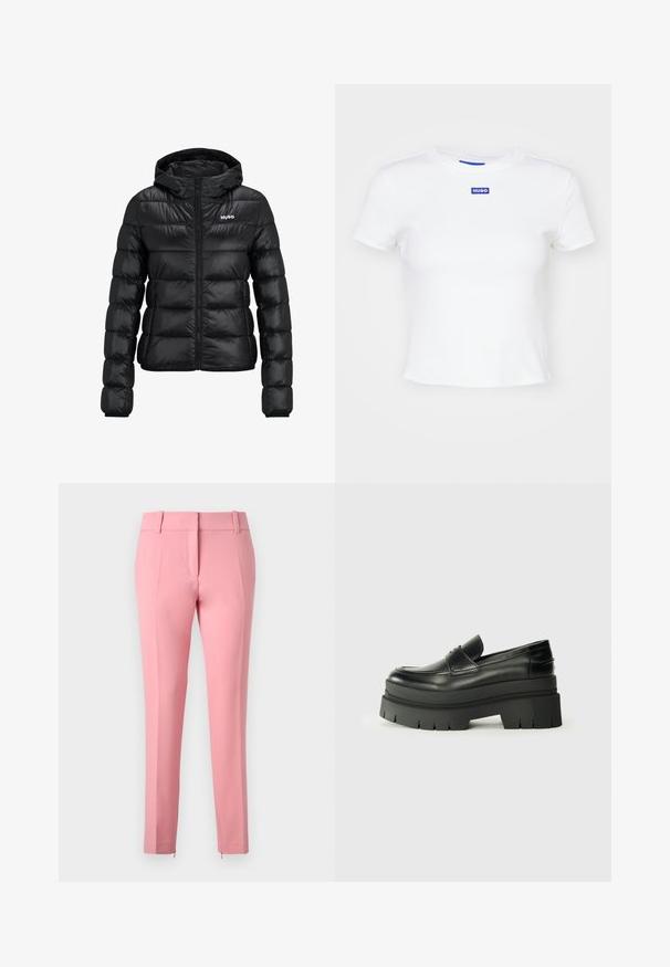 Černá podšitá bunda se zipem a kapucí. Má prošívaný design a logo "HUGO" na hrudi. Vyrobeno z lesklého materiálu.; Bílý bavlněný tričko s krátkými rukávy, kulatým výstřihem a modrou obdélníkovou nášivkou s nápisem "HUGO" uprostřed přední části.; Růžové kalhoty na míru s hladkou texturou, rovnými nohavicemi a zipovým detailem na lemu. Mají poutka na opasek a plochý přední design.; Černé kožené loafers s robustní platformovou podrážkou. Kulatá špička, přední šev a jemné akcenty prošití. Plochá, texturovaná podrážka.