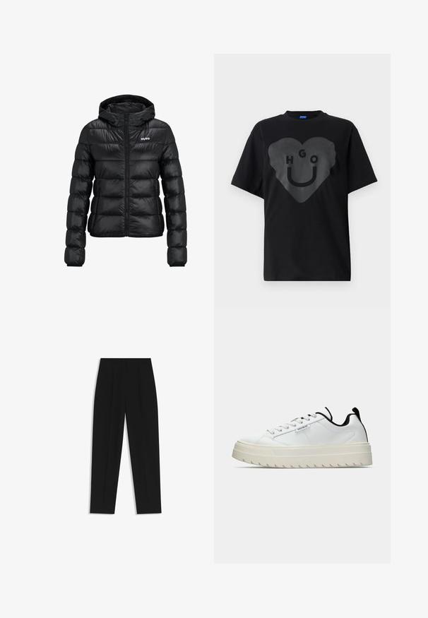 Giacca imbottita nera con chiusura a zip e cappuccio. Caratterizzata da un design trapuntato e dal logo "HUGO" sul petto. Realizzata in materiale lucido.; T-shirt nera, vestibilità oversize, con una grande grafica a forma di cuore che presenta il testo "HGO" e una faccina sorridente con finitura lucida sulla parte frontale.; Pantaloni neri a taglio dritto, con doppie pieghe, una texture liscia e un design classico in vita. Nessun hardware o dettaglio visibile.; Sneaker in pelle bianca caratterizzata da una suola spessa e testurizzata con un design seghettato. Accenti neri sul tallone e sulla linguetta aggiungono contrasto.
