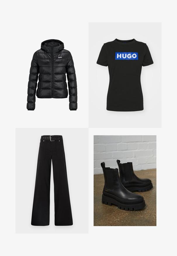 Chaqueta negra acolchada con cierre de cremallera y capucha. Presenta un diseño acolchado y el logo "HUGO" en el pecho. Está hecha de un material brillante.; Camiseta de manga corta negra de algodón, que presenta un gran gráfico rectangular azul con la palabra "HUGO" en letras blancas y en negrita.; Pantalones de pierna ancha negros, hechos de algodón, con cintura alta, grandes bolsillos laterales y una cintura ceñida con un cinturón que presenta acentos de metal plateado.; Botas de tobillo de cuero negro con paneles elásticos en los laterales, suelas gruesas de plataforma negra y detalles de costura, con una lengüeta en la parte trasera para fácil puesta.