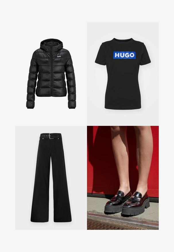 Schwarze gepolsterte Jacke mit einem Reißverschluss und Kapuze. Verfügt über ein gestepptes Design und das "HUGO"-Logo auf der Brust. Hergestellt aus glänzendem Material.; Schwarzes T-Shirt mit kurzen Ärmeln aus Baumwolle, das ein großes blaues rechteckiges Grafikdesign mit dem Wort "HUGO" in weißen Fettdruckbuchstaben zeigt.; Schwarze weitgeschnittene Hose aus Baumwolle, mit hoher Taille, großen Seitentaschen und einem taillierten Bund mit silbernen Hardware-Akzenten.; HUGO KRIS LOAFER - Slipper - black