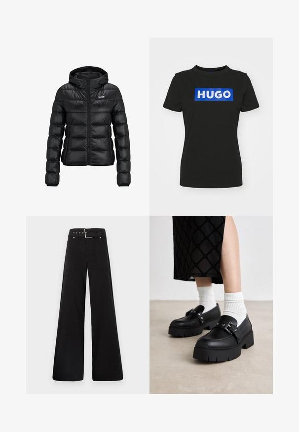 Giacca imbottita nera con chiusura a zip e cappuccio. Caratterizzata da un design trapuntato e dal logo "HUGO" sul petto. Realizzata in materiale lucido.; T-shirt nera a maniche corte in cotone, con una grande grafica rettangolare blu che riporta la parola "HUGO" in lettere bianche in grassetto.; Pantaloni neri a gamba larga realizzati in cotone, con vita alta, ampie tasche laterali e vita con cintura arricchita da dettagli in metallo argentato.; Mocassini neri con plateau e finitura in pelle liscia, caratterizzati da un dettaglio con fibbia e borchie, abbinati a calzini bianchi a coste.