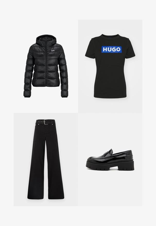 Schwarze gepolsterte Jacke mit einem Reißverschluss und Kapuze. Verfügt über ein gestepptes Design und das "HUGO"-Logo auf der Brust. Hergestellt aus glänzendem Material.; Schwarzes T-Shirt mit kurzen Ärmeln aus Baumwolle, das ein großes blaues rechteckiges Grafikdesign mit dem Wort "HUGO" in weißen Fettdruckbuchstaben zeigt.; Schwarze weitgeschnittene Hose aus Baumwolle, mit hoher Taille, großen Seitentaschen und einem taillierten Bund mit silbernen Hardware-Akzenten.; Schwarze Lackleder-Lederschuhe mit einer chunky Gummisohle, ausgestattet mit einem glatten Obermaterial und einem dekorativen Riemenakzent. Flacher Absatz und abgerunde Zehen.