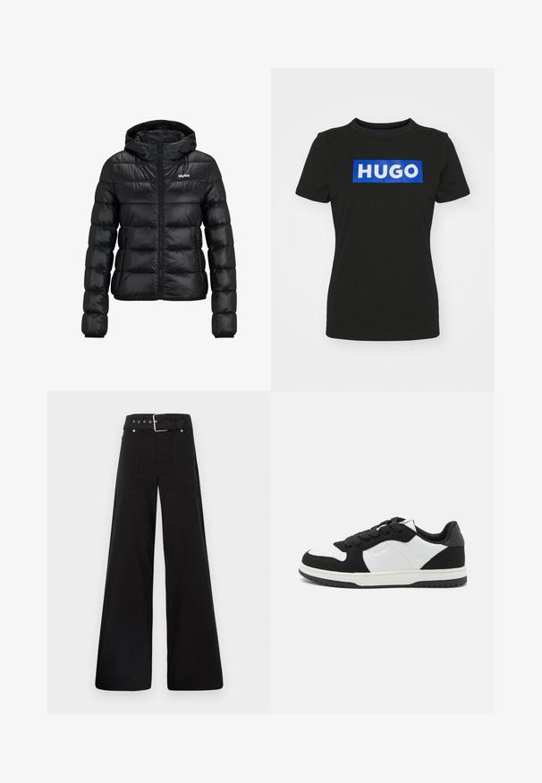 Veste rembourrée noire avec fermeture éclair et capuche. Présente un design matelassé et le logo "HUGO" sur la poitrine. Fabriquée en matériau brillant.; T-shirt noir à manches courtes en coton, avec un grand graphique rectangulaire bleu comportant le mot "HUGO" en lettres blanches épaisses.; Pantalons larges noirs en coton, avec une taille haute, de grandes poches latérales et une taille ceinturée avec des accents en métal argenté.; Baskets noir et blanc avec un dessus en daim texturé, des accents en cuir lisse, un bout rond et une semelle en caoutchouc avec un design de bande de roulement.