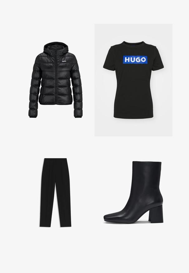 Svart vadderad jacka med dragkedja och huva. Har en quiltad design och "HUGO"-logotypen på bröstet. Tillverkad av glänsande material.; Svart kortärmad t-shirt i bomull, med en stor blå rektangulär grafik som har ordet "HUGO" i vita fetstilta bokstäver.; Svarta byxor med rak passform, med dubbla fickor, en slät yta och en klassisk midje-design. Ingen synlig hårdvara eller detaljer.; HUGO ARIEL NAPU - Stövletter - black