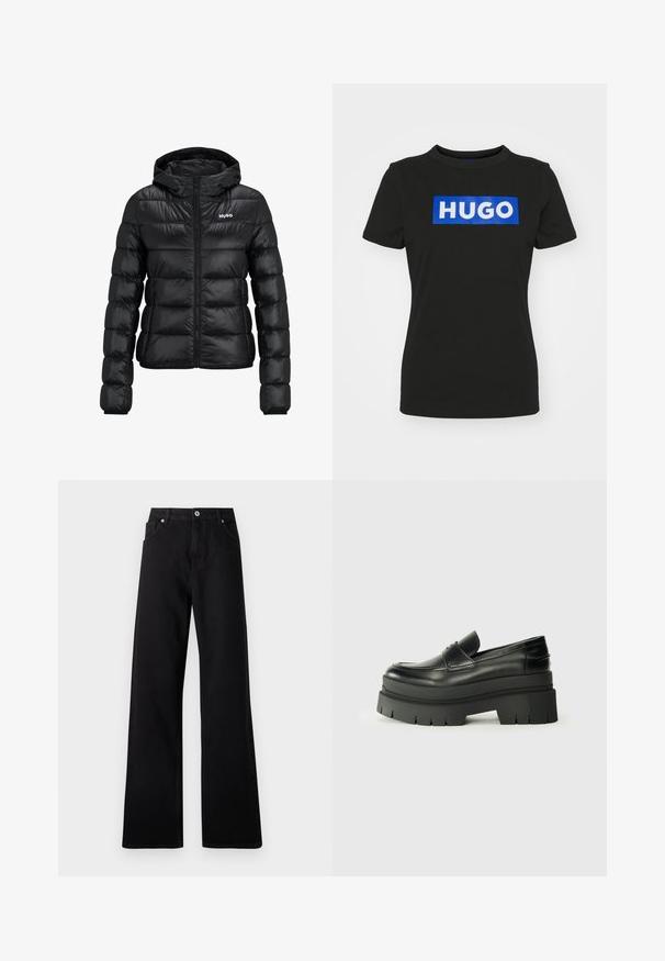 Black padded jacket with a zip closure and hood. Features a quilted design and the "HUGO" logo on the chest. Made from shiny material.; Black short-sleeve t-shirt made of cotton, featuring a large blue rectangular graphic with the word "HUGO" in white bold letters.; Black wide-leg jeans made of denim with five-pocket design, front button closure, and subtle stitching details.; Black leather loafers with a chunky platform sole. Rounded toe, front seam detail, and subtle stitching accents. Flat, textured outsole.