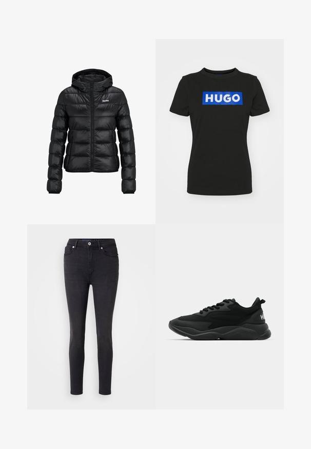 Chaqueta negra acolchada con cierre de cremallera y capucha. Presenta un diseño acolchado y el logo "HUGO" en el pecho. Está hecha de un material brillante.; Camiseta de manga corta negra de algodón, que presenta un gran gráfico rectangular azul con la palabra "HUGO" en letras blancas y en negrita.; Jeans ajustados negros de mezclilla con un diseño clásico de cinco bolsillos, presentan un cierre de botón frontal y detalles de costura sutiles.; Zapatillas deportivas negras con un upper texturizado, cierre de cordones, suela acolchada y un acento de marca en el talón.