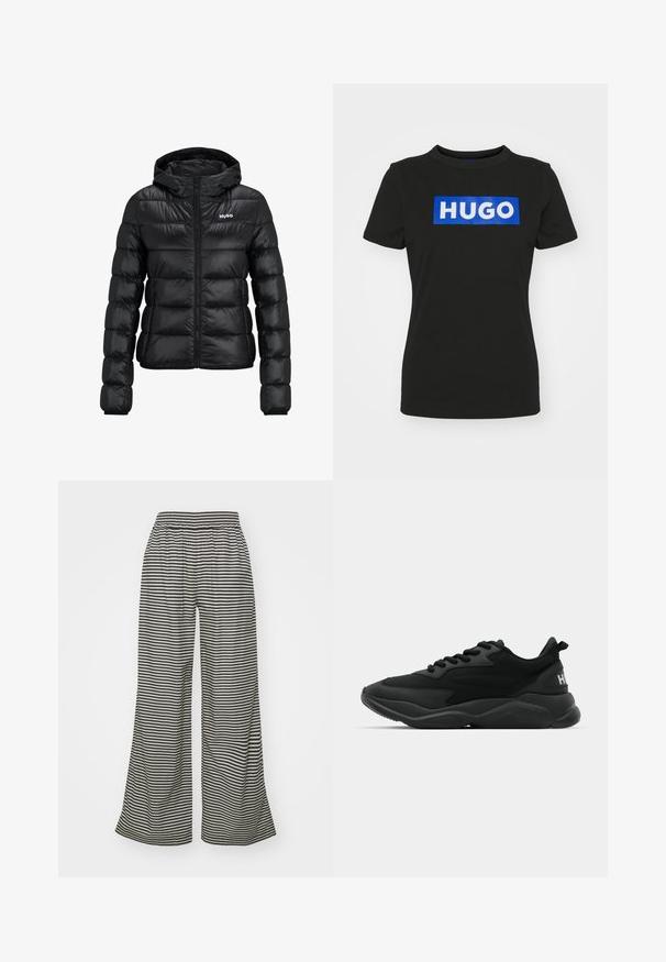 Veste rembourrée noire avec fermeture éclair et capuche. Présente un design matelassé et le logo "HUGO" sur la poitrine. Fabriquée en matériau brillant.; T-shirt noir à manches courtes en coton, avec un grand graphique rectangulaire bleu comportant le mot "HUGO" en lettres blanches épaisses.; Mads Nørgaard COLIN SONIE PANTS - Pantalon classique - black; Baskets de sport noires avec un supérieur texturé, un système de laçage, une semelle rembourrée et un accent de marque sur le talon.
