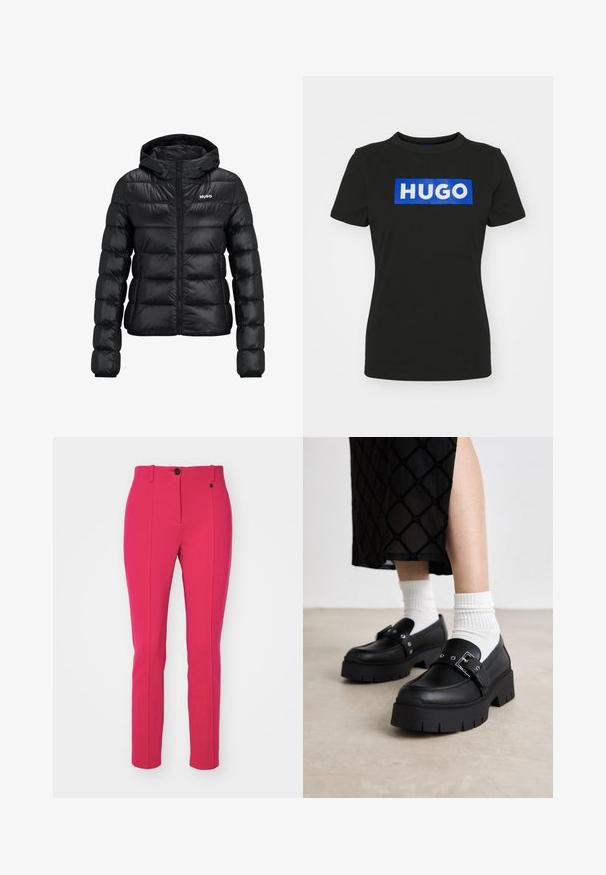 Černá podšitá bunda se zipem a kapucí. Má prošívaný design a logo "HUGO" na hrudi. Vyrobeno z lesklého materiálu.; Černé tričko s krátkým rukávem vyrobené z bavlny, s velkým modrým obdélníkovým grafickým prvkem se slovem "HUGO" napsaným bílými tučnými písmeny.; Růžové kalhoty na tělo vyrobené z hladkého materiálu, s centrálním záhybem, zapínáním na knoflík a poutky na pásek.; Černé platformové loafers s hladkým koženým povrchem, vybavené detailem s přezkou a hřebíkovými akcenty, v kombinaci s bílými žebrovanými ponožkami.