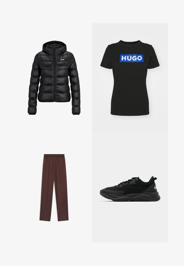Schwarze gepolsterte Jacke mit einem Reißverschluss und Kapuze. Verfügt über ein gestepptes Design und das "HUGO"-Logo auf der Brust. Hergestellt aus glänzendem Material.; Schwarzes T-Shirt mit kurzen Ärmeln aus Baumwolle, das ein großes blaues rechteckiges Grafikdesign mit dem Wort "HUGO" in weißen Fettdruckbuchstaben zeigt.; Dunkelbraune gerade geschnittene Hose mit elastischem Bund und dezentem Frontnahtdetail auf einem weißen Hintergrund.; Schwarze Sport-Sneaker mit einer strukturierten Oberseite, Schnürverschluss, gepolsterter Sohle und einem markierten Akzent an der Ferse.