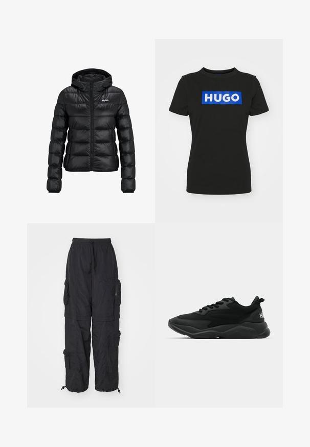 Čierna vypchatá bunda so zapínaním na zips a kapucňou. Obsahuje prešívaný dizajn a logo "HUGO" na hrudi. Vyrobené z lesklého materiálu.; Čierne tričko s krátkymi rukávmi vyrobené z bavlny, s veľkým modrým obdĺžnikovým grafickým motívom a slovom "HUGO" v bielych tučných písmenách.; Čierne cargo nohavice vyrobené z ľahkého materiálu, s viacerými zipsovými vreckami, elastickým pásom a nastaviteľnými manžetami na nohách.; Čierne atletické tenisky s textúrovaným zvrškom, šnurovaním, polstrovanou podrážkou a značkovým detailom na päte.