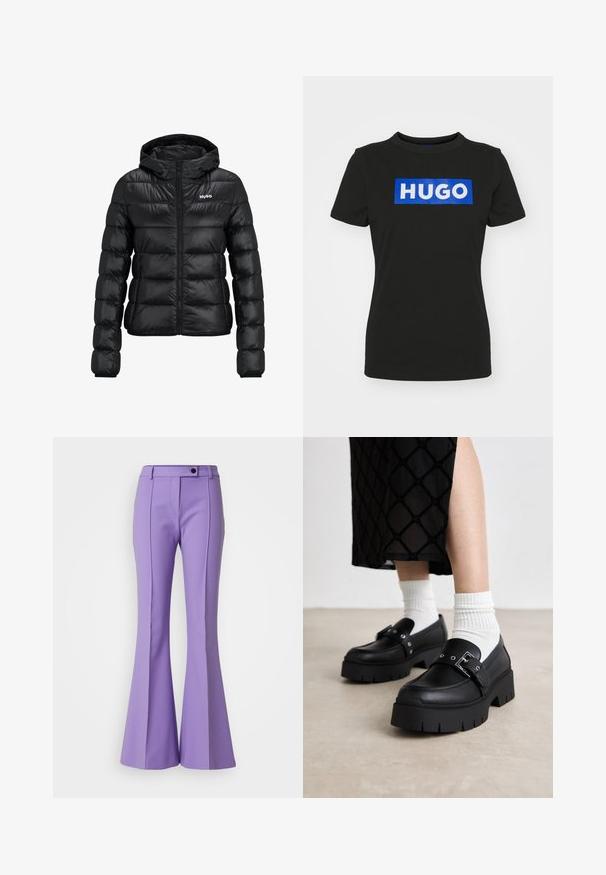 Svart polstret jakke med glidelås og hette. Har en quiltet design og "HUGO" logoen på brystet. Laget av skinnende materiale.; Svart kortermet t-skjorte laget av bomull, med en stor blå rektangulær grafikk med ordet "HUGO" i hvite fete bokstaver.; HUGO Bukse - open purple; Svart plattform loafers med en glatt skinnfinish, med en spenne detalj og naglede akenter, sammen med hvite ribbede sokker.