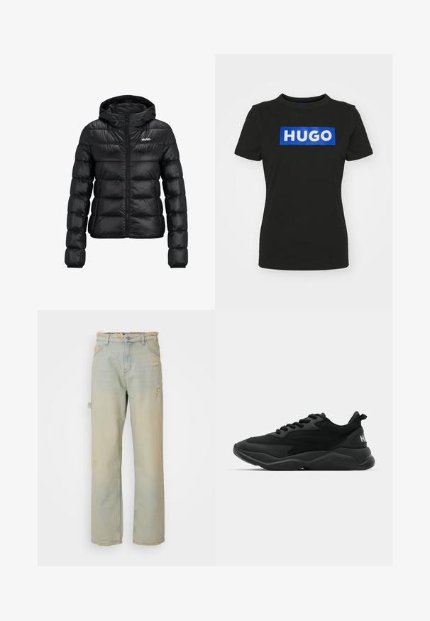 Black padded jacket with a zip closure and hood. Features a quilted design and the "HUGO" logo on the chest. Made from shiny material.; Black short-sleeve t-shirt made of cotton, featuring a large blue rectangular graphic with the word "HUGO" in white bold letters.; Distressed light blue denim jeans with a high waist, frayed hems, and visible rips. Features a straight-leg cut and traditional pockets.; Black athletic sneakers featuring a textured upper, lace closure, cushioned sole, and a branded accent on the heel.
