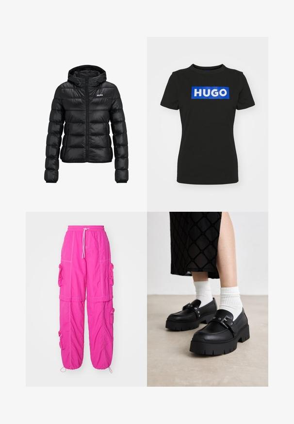 Crna podstavljena jakna s patentnim zatvaračem i kapuljačom. Ima kvadratni dizajn i "HUGO" logo na prsima. Izrađena od sjajnog materijala.; Crna majica kratkih rukava od pamuka, s velikim plavim pravokutnim grafičkim prikazom na kojem je riječ "HUGO" ispisana bijelim podebljanim slovima.; HUGO HALELUL - Cargo hlače - bright pink; Crne platforme s ravnim ulošcima od gladne kože, s detaljem kopče i zakovicama, uparene s bijelim rebrastim čarapama.