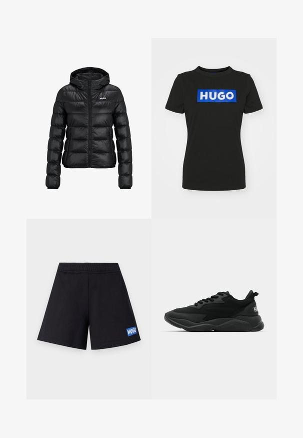 Black padded jacket with a zip closure and hood. Features a quilted design and the "HUGO" logo on the chest. Made from shiny material.; Black short-sleeve t-shirt made of cotton, featuring a large blue rectangular graphic with the word "HUGO" in white bold letters.; Black shorts with a relaxed fit, elastic waistband, and blue "HUGO" logo on the left thigh; made from soft, breathable material.; Black athletic sneakers featuring a textured upper, lace closure, cushioned sole, and a branded accent on the heel.