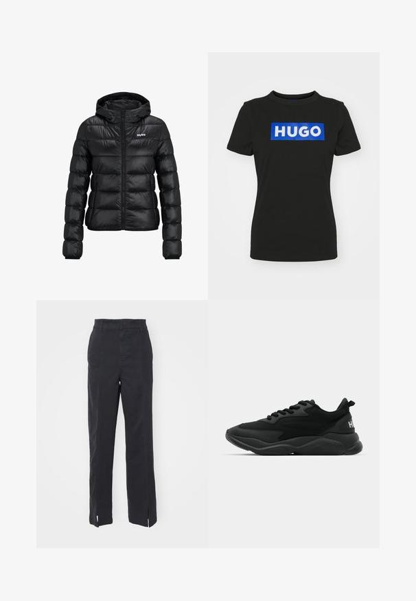 Black padded jacket with a zip closure and hood. Features a quilted design and the "HUGO" logo on the chest. Made from shiny material.; Black short-sleeve t-shirt made of cotton, featuring a large blue rectangular graphic with the word "HUGO" in white bold letters.; Black straight-leg pants made of a smooth, durable fabric. Features a high waist and front slits at the hem for added detail.; Black athletic sneakers featuring a textured upper, lace closure, cushioned sole, and a branded accent on the heel.