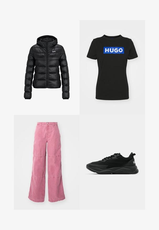Must must jacket, milledega lukuga ja kapuutsiga. Omab tikanditud disaini ja "HUGO" logo rinnal. Valmistatud läikivast materjalist.; Musta lühikeste varrukatega T-särk, mis on valmistatud puuvillast ja millel on suur sinine ristkülikukujuline graafika, kus on sõna "HUGO" valgete paksude tähtedega.; Roosa laiade jalgadega püksid, mis on valmistatud puuvillast ja millel on kulumisefekt. Kaks horisontaalset õmblust loovad eristuva paneeli disaini. Ees on nööpidega kinnitamine.; Mustad mustat spordijalatsid tekstureeritud ülemise osaga, süsteemse paelaga, pehmendatud tallaga ja bränditud aktsendiga kanna piirkonnas.