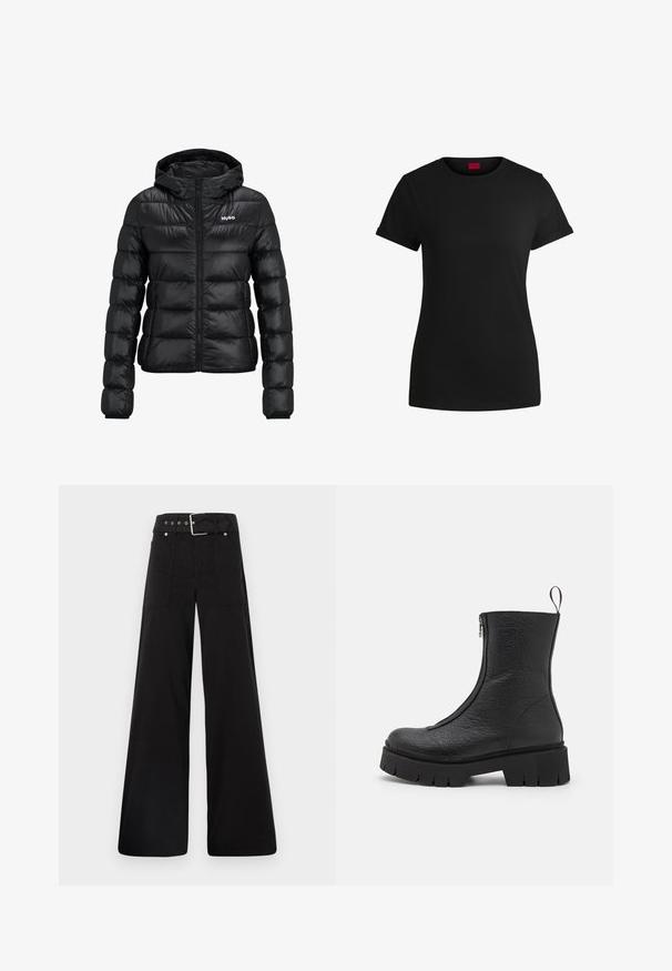 Giacca imbottita nera con chiusura a zip e cappuccio. Caratterizzata da un design trapuntato e dal logo "HUGO" sul petto. Realizzata in materiale lucido.; T-shirt in cotone nero con maniche corte arrotolate, scollatura rotonda e etichetta rossa. Texture liscia, forma aderente con dettagli minimi.; Pantaloni neri a gamba larga realizzati in cotone, con vita alta, ampie tasche laterali e vita con cintura arricchita da dettagli in metallo argentato.; HUGO KRIS BOOTIE - Stivaletti con plateau - black