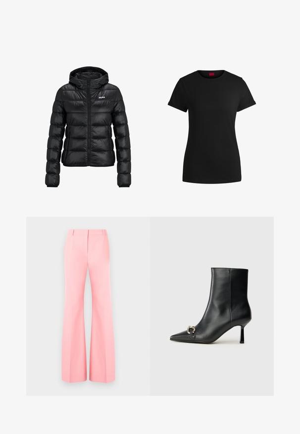 Črna podložena jakna z zadrgo in kapuco. Ima prešito zasnovo in logotip "HUGO" na prsih. Narejena je iz sijočega materiala.; Črna bombažna majica s kratkimi zavihanimi rokavi, okroglo izrezom in rdečo oznako. Gladka tekstura, prilegan kroj z minimalnimi detajli.; Roza široke hlače z oblikovano zasnovo, ki imajo ravno sprednjo stran in skrbno pritisnjene gube. Gladka tkanina in visok pas.; Črne usnjene gležnjarje s koničastim nosom, ozkim srednjem petam in srebrno zaponko na strani na enobarvni podlagi.