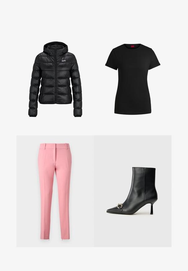 Czarna pikowana kurtka z zamkiem błyskawicznym i kapturem. Posiada wzór pikowania oraz logo "HUGO" na klatce piersiowej. Wykonana z błyszczącego materiału.; Czarna bawełniana koszulka z krótkimi, podwiniętymi rękawami, okrągłym dekoltem i czerwoną metką. Gładka tekstura, dopasowany fason z minimalnymi detalami.; Różowe dopasowane spodnie o gładkiej fakturze, proste nogawki i zamek na zakończeniu. Posiadają szlufki na pasek oraz płaski przód.; Czarny skórzany botek za kostkę z szpiczastym noskiem, smukłym średnim obcasem i srebrnym zapięciem po boku na jednolitym tle.