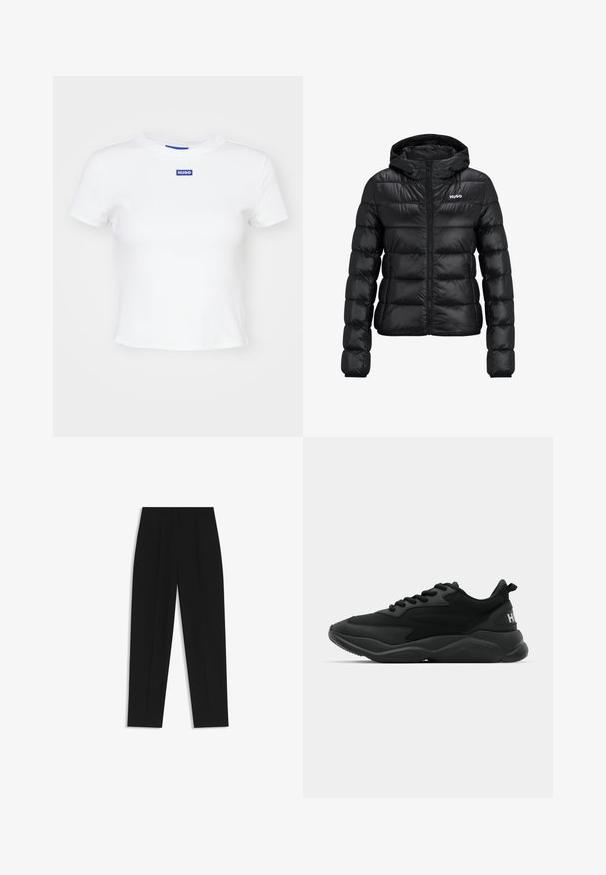 Black padded jacket with a zip closure and hood. Features a quilted design and the "HUGO" logo on the chest. Made from shiny material.; White cotton t-shirt with short sleeves, round neckline, and a blue rectangular logo patch reading "HUGO" on the front center.; Black trousers with a straight fit, featuring double pleats, a smooth texture, and a classic waistband design. No visible hardware or accents.; Black athletic sneakers featuring a textured upper, lace closure, cushioned sole, and a branded accent on the heel.