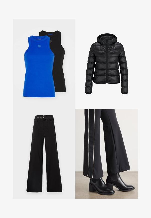 Svart polstret jakke med glidelås og hette. Har en quiltet design og "HUGO" logoen på brystet. Laget av skinnende materiale.; HUGO GIFT GIVING 2 PACK - Topper - blue/black; Sorte vidde bukser laget av bomull, med høy midje, store sidelommer og belte med sølv detaljer.; Sorte skinn ankle boots med blokkhæl, med elastiske sidepaneler. Kombinert med sorte bukser som har en hvit sidestripe.