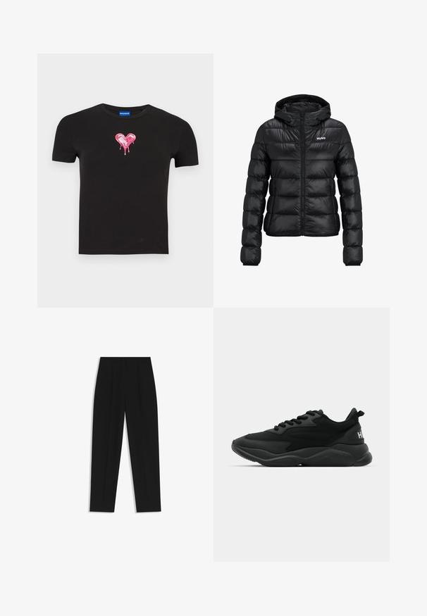 Chaqueta negra acolchada con cierre de cremallera y capucha. Presenta un diseño acolchado y el logo "HUGO" en el pecho. Está hecha de un material brillante.; Camiseta negra de algodón con mangas cortas que presenta un gran gráfico de un corazón rosa brillante con gotas cayendo desde el centro.; Pantalones negros de corte recto, con doble pinza, textura suave y un diseño de cinturilla clásica. Sin hardware o acentos visibles.; Zapatillas deportivas negras con un upper texturizado, cierre de cordones, suela acolchada y un acento de marca en el talón.