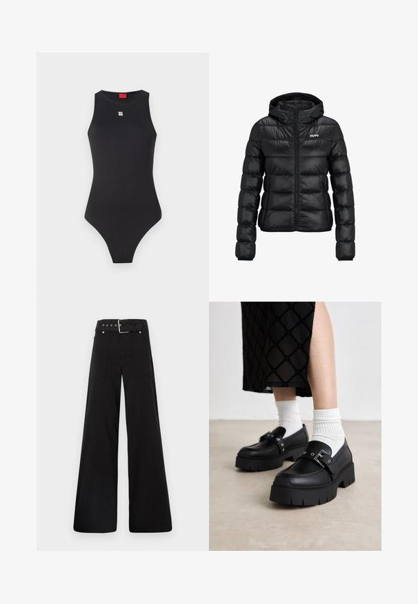 Sort polstret jakke med lynlåslukning og hætte. Har et quiltet design og "HUGO"-logoet på brystet. Fremstillet af skinnende materiale.; Sort bodysuit med en ærmeløs design, lavet af glat materiale. Har et lille hvidt logo på brystet og et højt skåret benåbning.; Sorte brede bukser lavet af bomuld, med høj talje, store sidelommer og en bæltestrop med sølvfarvede detaljer.; Sorte platform loafers i glat læderfinish, med spænde detaljer og nitteaccenter, parret med hvide ribstrikkede sokker.