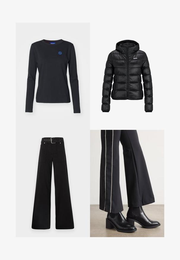Schwarze gepolsterte Jacke mit einem Reißverschluss und Kapuze. Verfügt über ein gestepptes Design und das "HUGO"-Logo auf der Brust. Hergestellt aus glänzendem Material.; Schwarz langärmliges T-Shirt aus Baumwolle, mit einem blauen lächelnden Gesicht-Logo auf der linken Brust und einem Rundhalsausschnitt.; Schwarze weitgeschnittene Hose aus Baumwolle, mit hoher Taille, großen Seitentaschen und einem taillierten Bund mit silbernen Hardware-Akzenten.; Schwarze Lederstiefeletten mit einem Blockabsatz, ausgestattet mit elastischen seitlichen Einsätzen. Kombiniert mit schwarzen Hosen, die einen weißen Seitenstreifen haben.