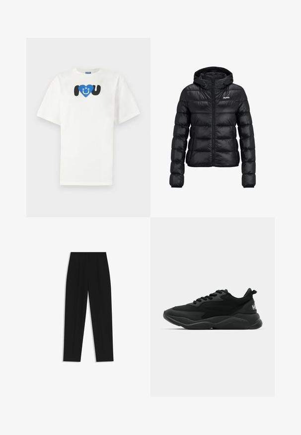 Sort polstret jakke med lynlåslukning og hætte. Har et quiltet design og "HUGO"-logoet på brystet. Fremstillet af skinnende materiale.; Hvid bomulds-T-shirt med et blåt hjerte, hvor teksten "HUGO" står over og "U" under i sort, kortærmet og med en afslappet pasform.; Sorte bukser med lige pasform, der har dobbelte folder, en glat tekstur og et klassisk taljedesign. Ingen synlige hardware eller accenter.; Sorte atletiske sneakers med en tekstureret overdel, snørelukning, polstret sål og en mærkeaccent på hælen.