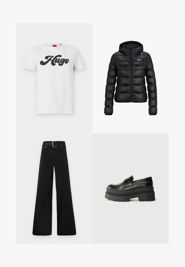 Zwarte gewatteerde jas met ritssluiting en capuchon. Kenmerkt zich door een doorgestikt ontwerp en het "HUGO"-logo op de borst. Gemaakt van glanzend materiaal.; Witte katoenen t-shirt met korte mouwen, voorzien van een groot zwart "Hugo" logo aan de voorkant. Klassiek crew neck ontwerp.; Zwarte wijde broek van katoen, met een hoge taille, grote zijzakken en een ceintuur met zilverkleurige accenten.; Zwarte lederen loafers met een chunky plateauzool. Rondere neus, naden aan de voorkant en subtiele stikselaccenten. Vlakke, gestructureerde buitenzool.