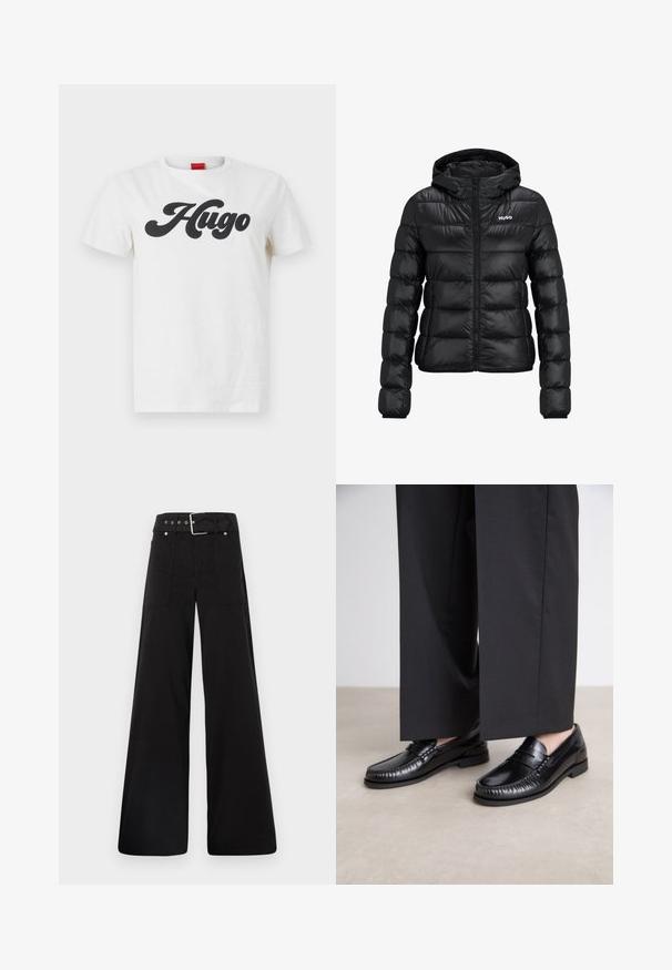Musta pehmeä takki, jossa on vetoketjukiinnitys ja huppu. Ominaisuuksina tikattu muotoilu ja "HUGO" -logo rinnassa. Valmistettu kiiltävästä materiaalista.; Valkoinen puuvillainen t-paita lyhyillä hihoilla, jossa on suuri musta "Hugo" -logo painettuna eteen. Klassinen pyöreä pääntie.; Mustat leveälahkeiset housut, jotka on valmistettu puuvillasta. Ne ovat korkeavyötäröiset, suuriin sivutaskuihin ja vyön kanssa varustettu, jossa on hopeanväriset yksityiskohdat.; Mustat nahka loaferit, joissa on sileä pinta, tikattu yksityiskohta varpaiden ympärillä ja matala kumipohja. Yhdistetty leveiden mustien housujen kanssa.