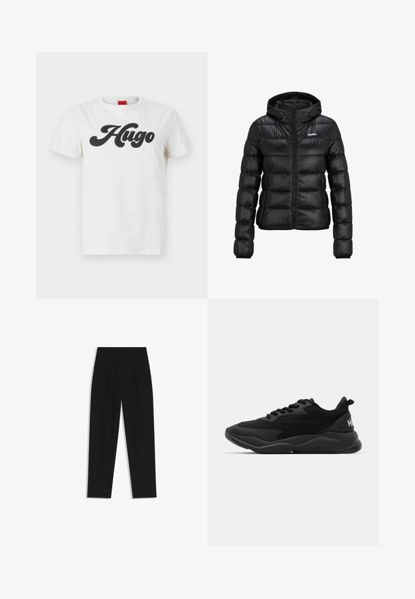 Schwarze gepolsterte Jacke mit einem Reißverschluss und Kapuze. Verfügt über ein gestepptes Design und das "HUGO"-Logo auf der Brust. Hergestellt aus glänzendem Material.; Weißes Baumwoll-T-Shirt mit kurzen Ärmeln, das auf der Vorderseite mit einem großen schwarzen "Hugo"-Logo bedruckt ist. Klassisches Rundhalsausschnitt-Design.; Schwarze Hose mit geradem Schnitt, doppelten Falten, einer glatten Textur und einem klassischen Bunddesign. Keine sichtbaren Beschläge oder Akzente.; Schwarze Sport-Sneaker mit einer strukturierten Oberseite, Schnürverschluss, gepolsterter Sohle und einem markierten Akzent an der Ferse.