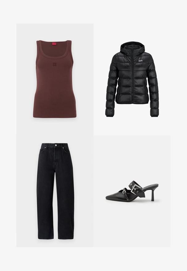 Must must jacket, milledega lukuga ja kapuutsiga. Omab tikanditud disaini ja "HUGO" logo rinnal. Valmistatud läikivast materjalist.; Pruun ilma varrukateta T-särk, mis on valmistatud pehmest kangast, ümarate kaelustega ja esiküljel peene broderi "HUGO" logoga.; Kõrge vöökohaga, sirged mustad denim püksid, viie taskuga, metallist nööpidega ja toon-toonis õmblustega. Sile tekstuur, minimalistik disain.; Mustad mustad kõrged kontsad, terava toe ja siledast nahast. Omab laia pahkluu rihma ruudukujulise hõbedase klambri ja nurgakujuliste naeltega.