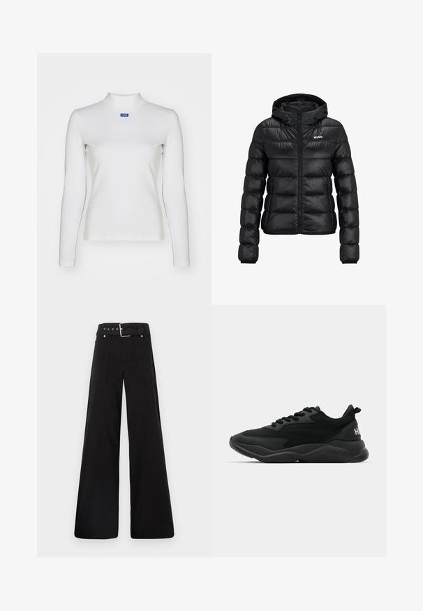 Svart polstret jakke med glidelås og hette. Har en quiltet design og "HUGO" logoen på brystet. Laget av skinnende materiale.; Hvit langermet turtleneck topp laget av stretchstoff, med en tettsittende design og en liten blå logo på brystet.; Sorte vidde bukser laget av bomull, med høy midje, store sidelommer og belte med sølv detaljer.; Sorte svarte treningssneakers med teksturert overdel, snøring, dempet såle og merket aksent på hælen.