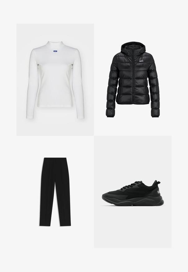 Black padded jacket with a zip closure and hood. Features a quilted design and the "HUGO" logo on the chest. Made from shiny material.; White long-sleeve turtleneck top made of stretch fabric, featuring a fitted design and a small blue logo on the chest.; Black trousers with a straight fit, featuring double pleats, a smooth texture, and a classic waistband design. No visible hardware or accents.; Black athletic sneakers featuring a textured upper, lace closure, cushioned sole, and a branded accent on the heel.