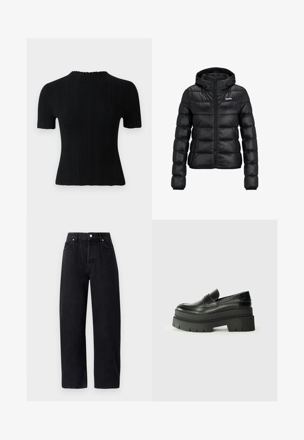 Jachetă neagră căptușită cu fermoar și glugă. Prezentând un design matlasat și logo-ul "HUGO" pe piept. Fabricată din material lucios.; Top scurt cu maneci scurte, de culoare neagră, cu guler înalt. Prezintă un material texturat și o siluetă ajustată, oferind opțiuni de stilizare casuale și versatile.; Jeans negre din denim, cu talie inalta si picior drept, dotate cu cinci buzunare, nituri metalice si cusaturi tonale. Textură netedă, design minimal.; Loafers din piele neagră cu o talpă platformă masivă. Vârf rotunjit, detalii cu cusătura frontală și accente subtile de broderie. Talpă plată, texturată.