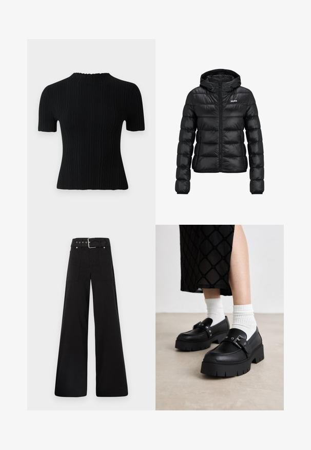 Fekete párnázott dzseki cipzárral és kapucnival. Tűzött mintázattal rendelkezik, és a "HUGO" logó a mellkason található. Fényt visszaverő anyagból készült.; Fekete bordázott, rövid ujjú felső magas nyakkivágással. Texturált anyaggal és testhezálló siluettel rendelkezik, ami lehetővé teszi a laza és sokoldalú stílusválasztási lehetőségeket.; Fekete, bő szárú nadrág, pamutból készült, magas derékkal, nagy oldalsó zsebekkel és ezüst színű hardverelemekkel ellátott övvel.; Fekete platform lakkloaferek sima bőr felülettel, csattos részletekkel és tüskés díszítéssel, fehér bordázott zoknikkal párosítva.