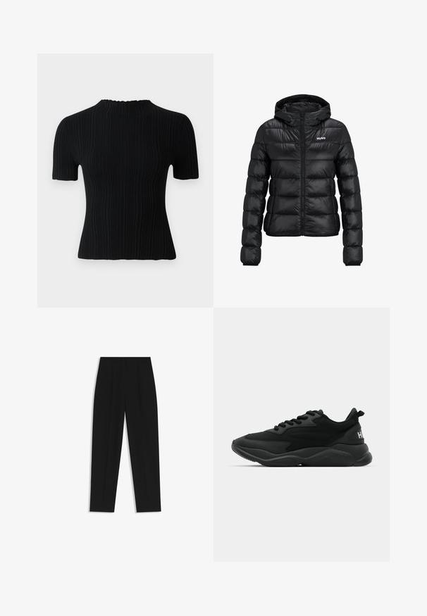 Giacca imbottita nera con chiusura a zip e cappuccio. Caratterizzata da un design trapuntato e dal logo "HUGO" sul petto. Realizzata in materiale lucido.; Top corto a maniche corte nero a costine con colletto alto. Presenta un tessuto texturizzato e una silhouette aderente, offrendo opzioni di stile casual e versatili.; Pantaloni neri a taglio dritto, con doppie pieghe, una texture liscia e un design classico in vita. Nessun hardware o dettaglio visibile.; Sneaker sportive nere con tomaia testurizzata, chiusura con lacci, suola imbottita e un accento con il marchio sul tallone.