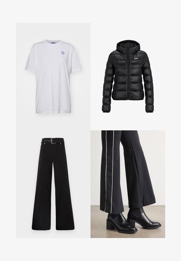 Juodas pūkinis švarkas su užtrauktuku ir gobtuvu. Savybės: siuvinėtas dizainas ir "HUGO" logotipas ant krūtinės. Pagamintas iš blizgaus medžiagos.; Balta medvilninė marškinėliai trumpomis rankovėmis, apvaliu kaklu ir mėlynu šypsenėlių logotipu kairėje krūtinės pusėje. Paprasta medžiaga be raštų.; Juodos plačios kojų kelnės, pagamintos iš medvilnės, su aukšta liemene, didelėmis šoninėmis kišenėmis ir diržu, papuoštu sidabriniais akcentais.; Juodi odiniai auliniai batai su plataus bloko kulnu, turintys elastines šonines dalis. Sukomplektuoti su juodomis kelnėmis, turinčiomis baltą šoninės juostą.