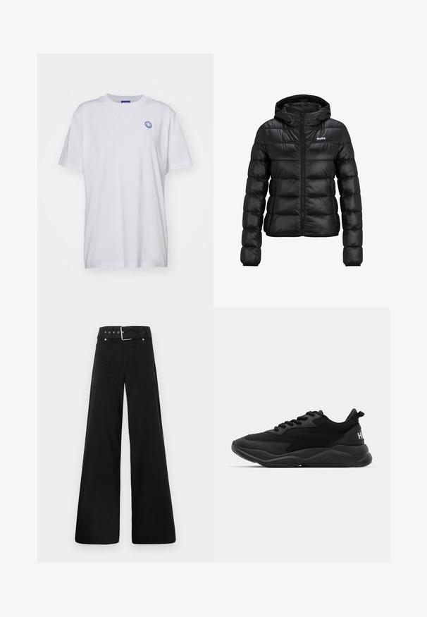 Melnā polsterētā jaka ar rāvējslēdzēju un kapuci. Iezīme ir kvalificēts dizains un "HUGO" logo uz krūškurvja. Izgatavota no spīdīga materiāla.; Balta kokvilnas T-kreklu ar īsām piedurknēm, apaļo kakla izgriezumu un zilu smaidošu seju logo kreisajā krūtī. Vienkāršs audums bez rakstiem.; Melna platā kāju bikses, izgatavotas no kokvilnas, ar augstu jostasvietu, lieliem sānu kabatām un jostu ar sudraba detaļām.; Melni sporta apavi ar reljefa augšdaļu, auklu aizdari, mīkstu zoli un zīmola akcentu uz papēža.