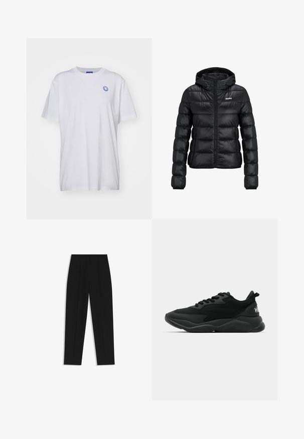 Svart vadderad jacka med dragkedja och huva. Har en quiltad design och "HUGO"-logotypen på bröstet. Tillverkad av glänsande material.; Vit bomull t-shirt med korta ärmar, rundad halsringning och en blå smiley-logga på vänster bröst. Enkelt tyg utan mönster.; Svarta byxor med rak passform, med dubbla fickor, en slät yta och en klassisk midje-design. Ingen synlig hårdvara eller detaljer.; Svarta sportiga sneakers med en texturerad ovandel, snörning, vadderad sula och ett märkesackcent på hälen.