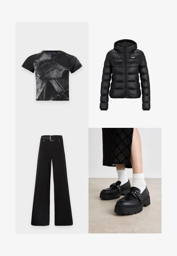 Schwarze gepolsterte Jacke mit einem Reißverschluss und Kapuze. Verfügt über ein gestepptes Design und das "HUGO"-Logo auf der Brust. Hergestellt aus glänzendem Material.; Schwarzes T-Shirt mit kurzen Ärmeln, das ein großes Denim-Print-Design mit Taschen und Nähten zeigt. Hergestellt aus einer Baumwollmischung mit strukturierter Oberfläche.; Schwarze weitgeschnittene Hose aus Baumwolle, mit hoher Taille, großen Seitentaschen und einem taillierten Bund mit silbernen Hardware-Akzenten.; Schwarze Plateauslurchen mit glattem Lederfinish, ausgestattet mit einer Schnallendetail und Nietenakzenten, kombiniert mit weißen gerippten Socken.