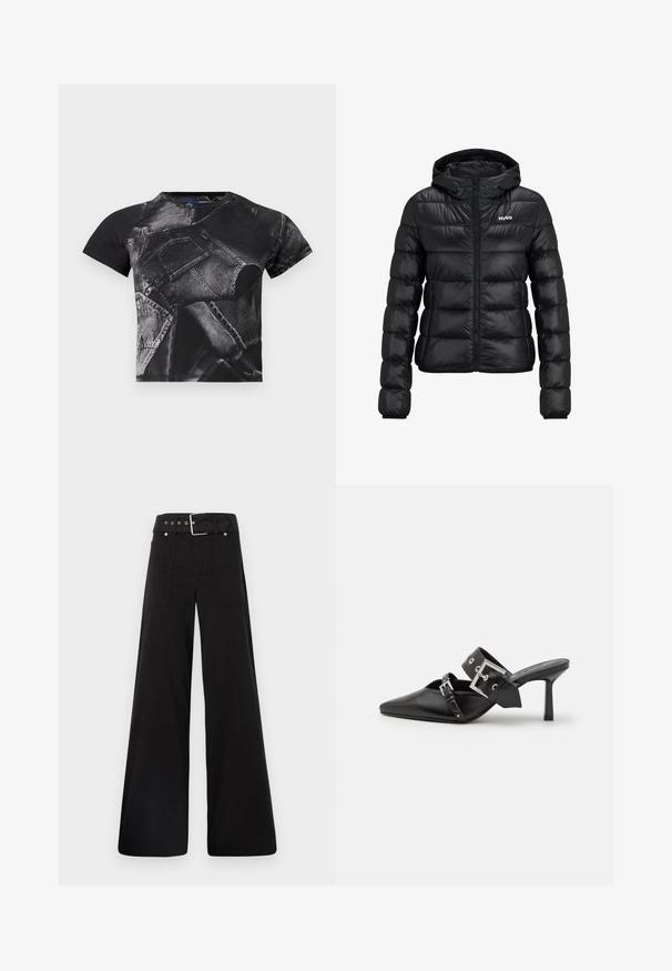 Sort polstret jakke med lynlåslukning og hætte. Har et quiltet design og "HUGO"-logoet på brystet. Fremstillet af skinnende materiale.; Sort kortærmet t-shirt med et stort denim-print, lommer og sømme, lavet af en bomuldsblanding med en struktureret overflade.; Sorte brede bukser lavet af bomuld, med høj talje, store sidelommer og en bæltestrop med sølvfarvede detaljer.; Sorte højhælede mules med spids tå, lavet af glat læder. Har et bredt ankelrem med en firkantet sølv spænde og nitter.