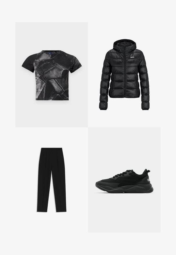 Black padded jacket with a zip closure and hood. Features a quilted design and the "HUGO" logo on the chest. Made from shiny material.; Black short-sleeve t-shirt featuring a large denim print with pockets and seams, made from cotton blend fabric with a textured finish.; Black trousers with a straight fit, featuring double pleats, a smooth texture, and a classic waistband design. No visible hardware or accents.; Black athletic sneakers featuring a textured upper, lace closure, cushioned sole, and a branded accent on the heel.