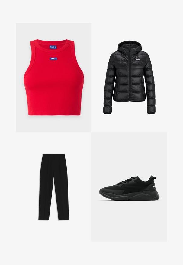 Black padded jacket with a zip closure and hood. Features a quilted design and the "HUGO" logo on the chest. Made from shiny material.; Red ribbed crop top made of cotton with a round neck. Features blue 'HUGO' logo on the front, showcasing a fitted design.; Black trousers with a straight fit, featuring double pleats, a smooth texture, and a classic waistband design. No visible hardware or accents.; Black athletic sneakers featuring a textured upper, lace closure, cushioned sole, and a branded accent on the heel.