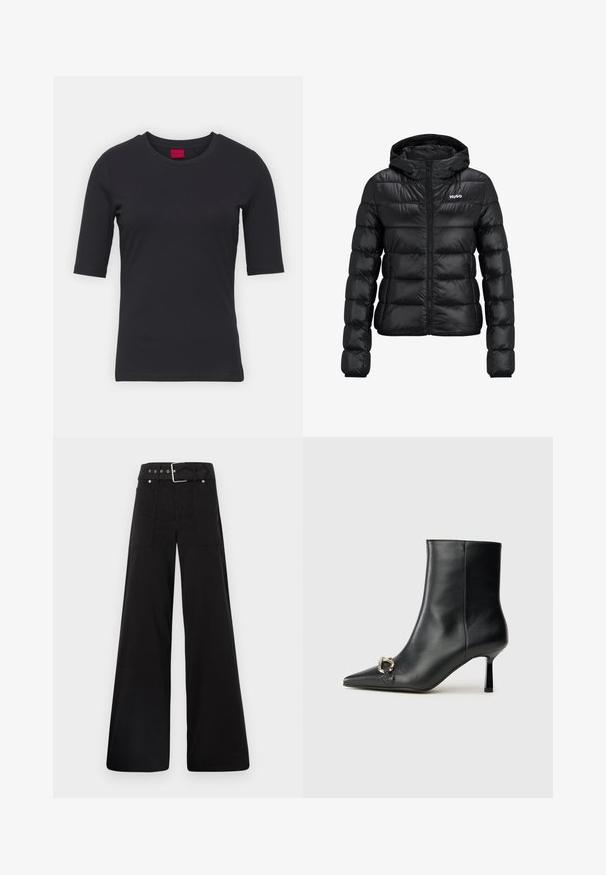 Must must jacket, milledega lukuga ja kapuutsiga. Omab tikanditud disaini ja "HUGO" logo rinnal. Valmistatud läikivast materjalist.; Mustmustest mustärk sinine T-särk lühikeste varrukatega, ümmargune kaelus ja minimalistlik disain. Kaela juures on punane brändi silt.; Mustad laiad mustad püksid, mis on valmistatud puuvillast, kõrge vöökoha, suurte küljetaskute ja kumerate rihmadega, kus on hõbedased detailid.; Must mustanvärvi nahast pahklinetopp, millel on terav nina, peen keskmise kõrgusega konts ja hõbedane keha detail külgedel, taustal lihtne taust.