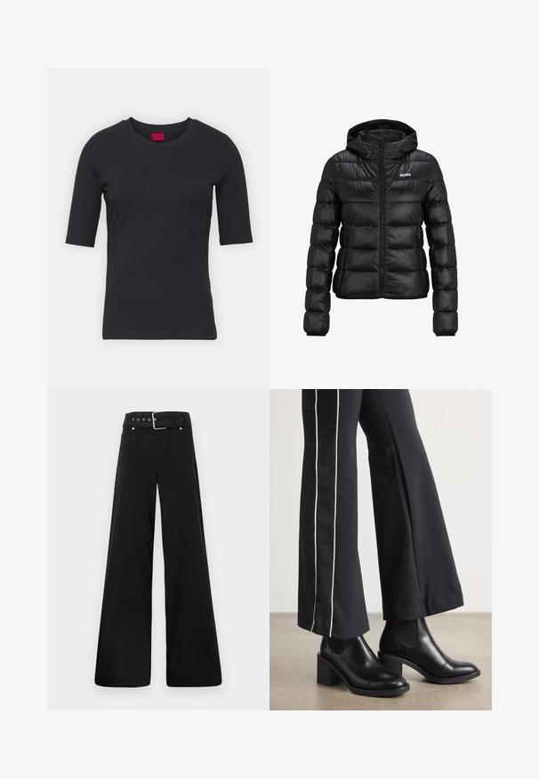 Giacca imbottita nera con chiusura a zip e cappuccio. Caratterizzata da un design trapuntato e dal logo "HUGO" sul petto. Realizzata in materiale lucido.; T-shirt nera in cotone con maniche corte, colletto rotondo e design minimalista. Presenta un'etichetta rossa del marchio sul colletto.; Pantaloni neri a gamba larga realizzati in cotone, con vita alta, ampie tasche laterali e vita con cintura arricchita da dettagli in metallo argentato.; Stivaletti in pelle nera con tacco a blocco, dotati di pannelli elastici sui lati. Abbinati a pantaloni neri con una striscia bianca laterale.