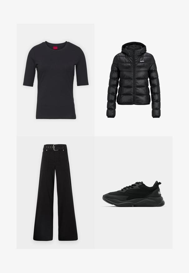 Črna podložena jakna z zadrgo in kapuco. Ima prešito zasnovo in logotip "HUGO" na prsih. Narejena je iz sijočega materiala.; Črna bombažna majica s kratkimi rokavi, okroglo ovratnikom in minimalističnim dizajnom. Ima rdečo blagovno oznako na ovratniku.; Črne široke hlače iz bombaža, z visokim pasom, velikimi stranskimi žepi in pasom s sponko ter srebrnimi dodatki.; Črne atletske superge z teksturiranim zgornjim delom, vezalkami, oblazinjenim podplatom in blagovno oznako na peti.